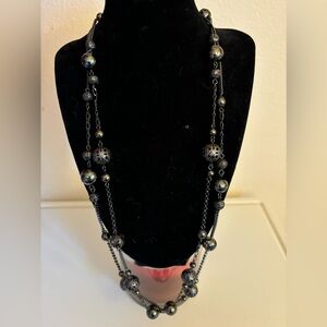 Vintage Gunmetal Long Beaded Necklace with Laser Cut Metal and Iridescent Beads
